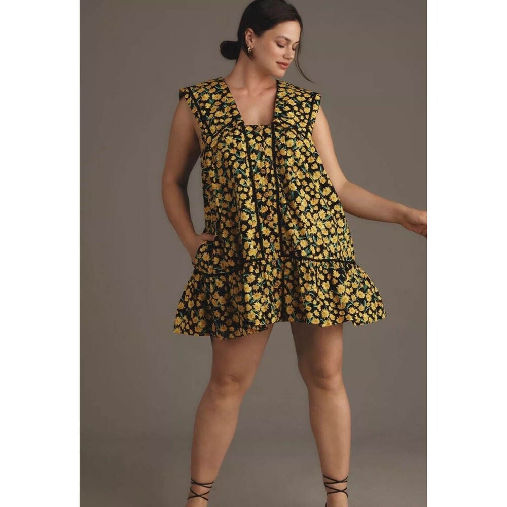 Anthropologie Maeve Mini Dress Yellow Collared Poplin Swing Retro Medium NWT
